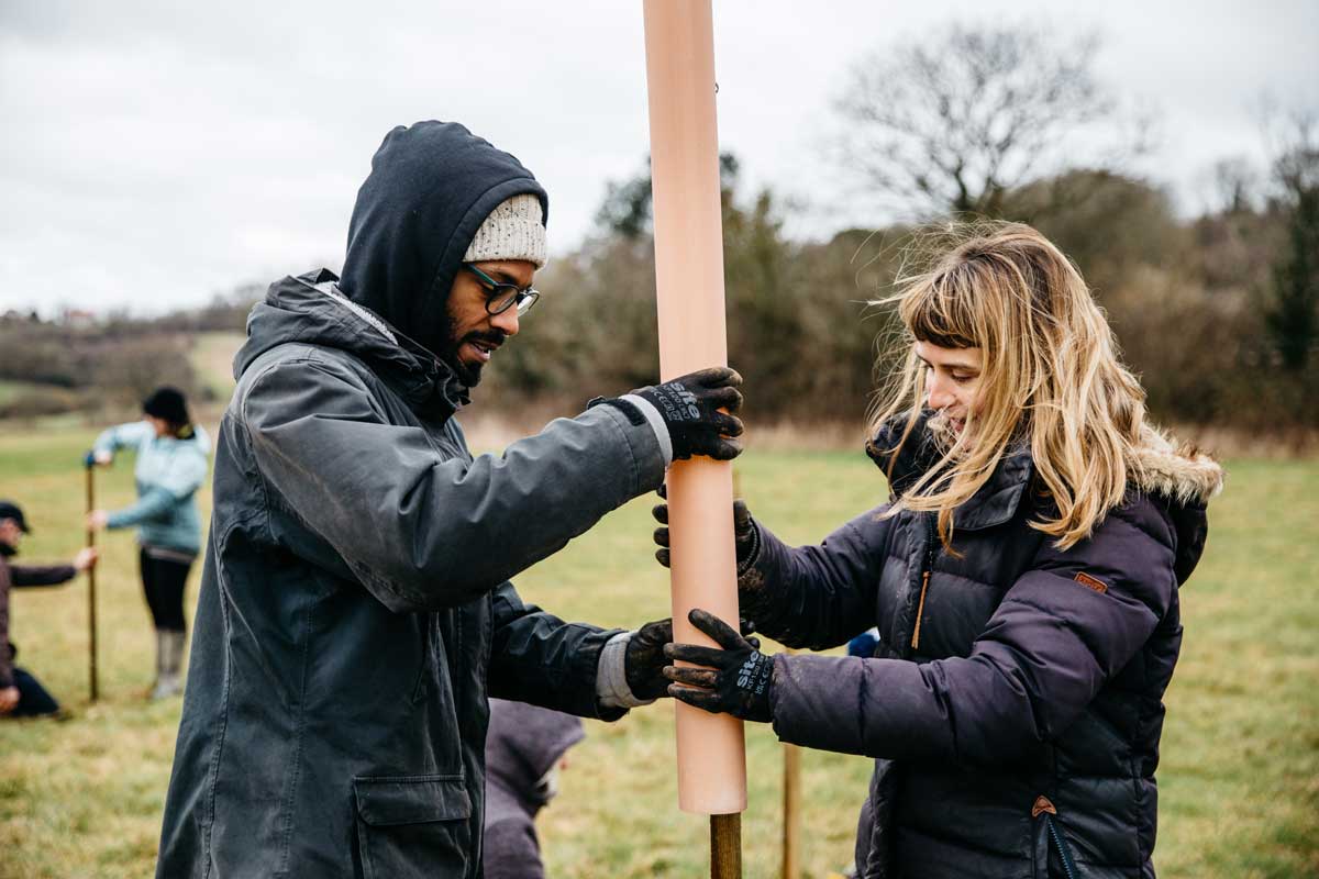 Two people add tree guard at volunteer day.