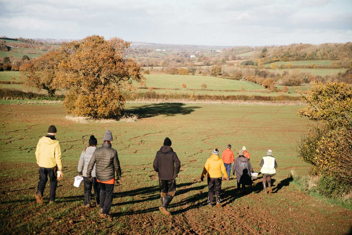 People walking in a field.